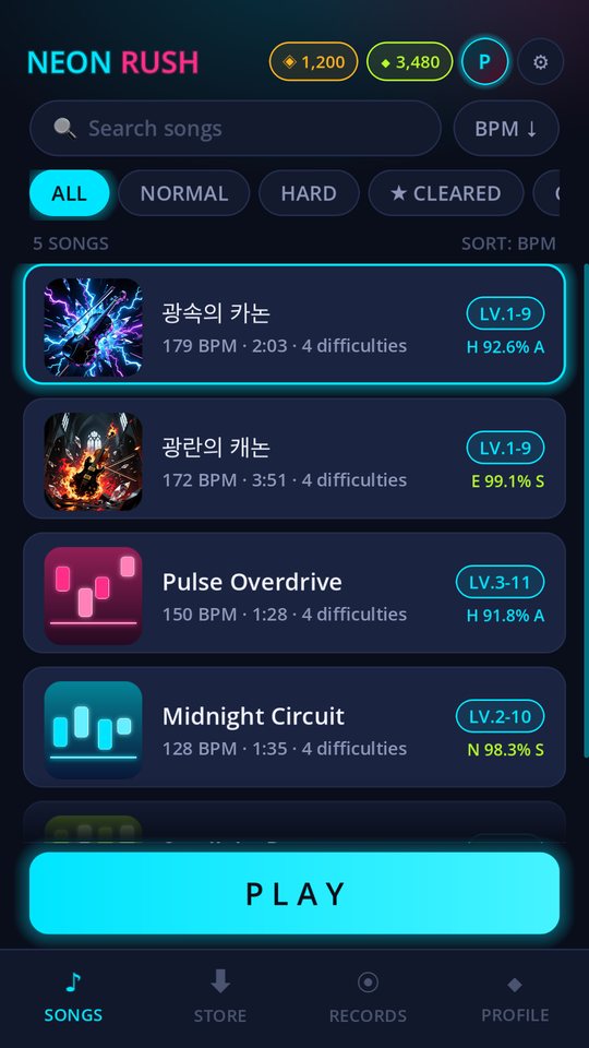 Neon Rush: Millisecond Beats — Song select