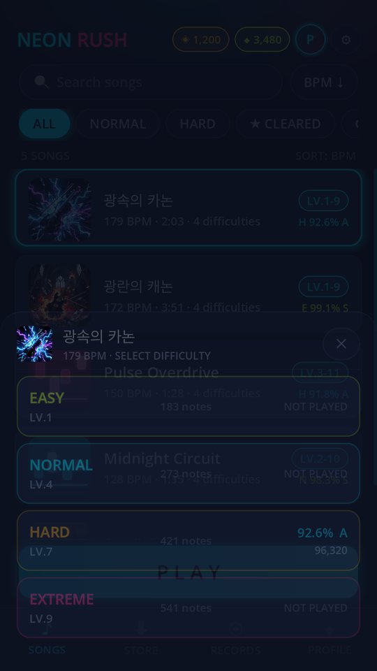 Neon Rush: Millisecond Beats — Choosing a difficulty