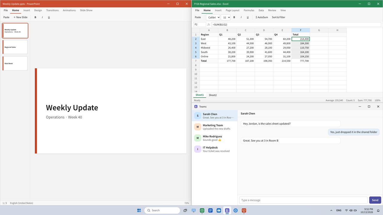 WINDESK screen — Marketer — slides, sheet, messenger