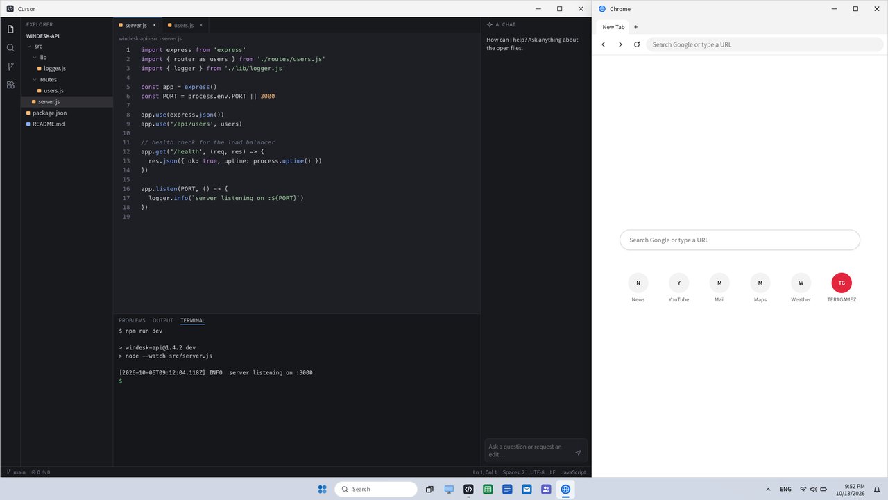 WINDESK screen — Developer — code editor, browser